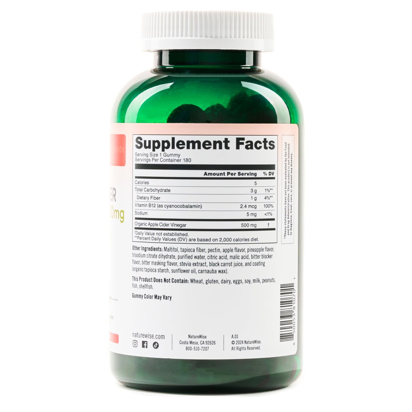 NatureWise Apple Cider Vinegar ACV Gummies - 1000mg ACV per 2, Sugar Free, Vegan - Energy & Gut Health - ACV Gummies W/Vitamin B12-180 Gummies[3-Month Supply for 1000mg / 6-Month Supply for 500mg]