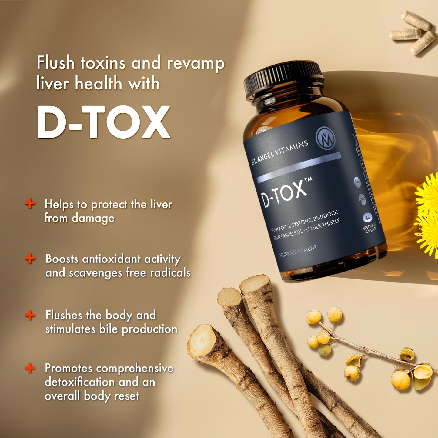 Mt. Angel Vitamins D-Tox - Advanced Liver Cleanse & Detox Repair Supplement, Supports Fatty Liver Health & Enzyme Reduction with Milk Thistle, NAC, and Dandelion Root - 60 Capsules