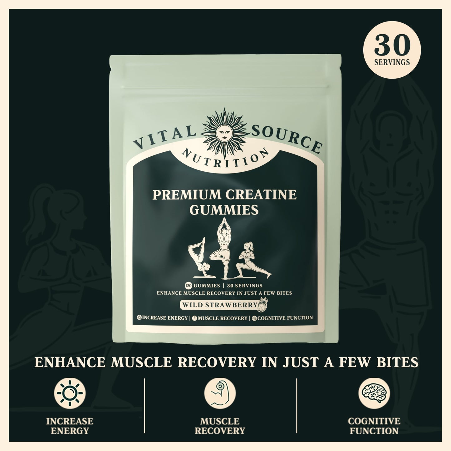 Vital Source Nutrition - Premium Creatine Gummies - Muscle Growth, Recovery & Energy Support - 5g Creatine Monohydrate - Vegan, Gluten-Free & Halal - Wild Strawberry - 120 Gummies - 30 Servings