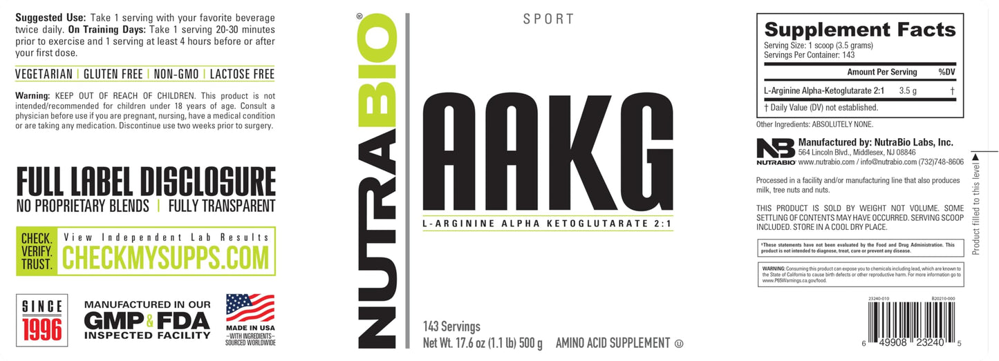 NutraBio Arginine AKG Workout Supplement Powder, 500g - Helps Support Lean Mass Gains, Boost Nitric Oxide, and Enhance Muscle Growth
