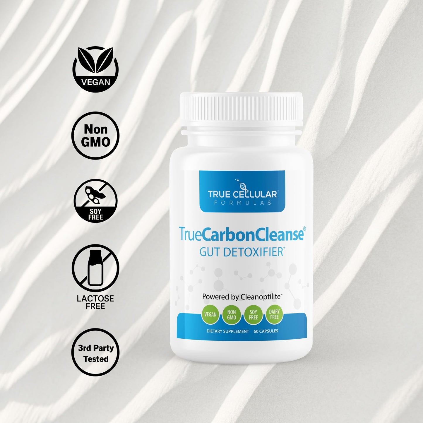 TrueCarbonCleanse™ - Perfect Gut Detoxifier & Binder - Advanced Formula with Organic Bamboo Activated Charcoal Capsules - 60 Capsules - Vegan, Non GMO, Gluten Free, Soy Free, Non-Toxic Certified