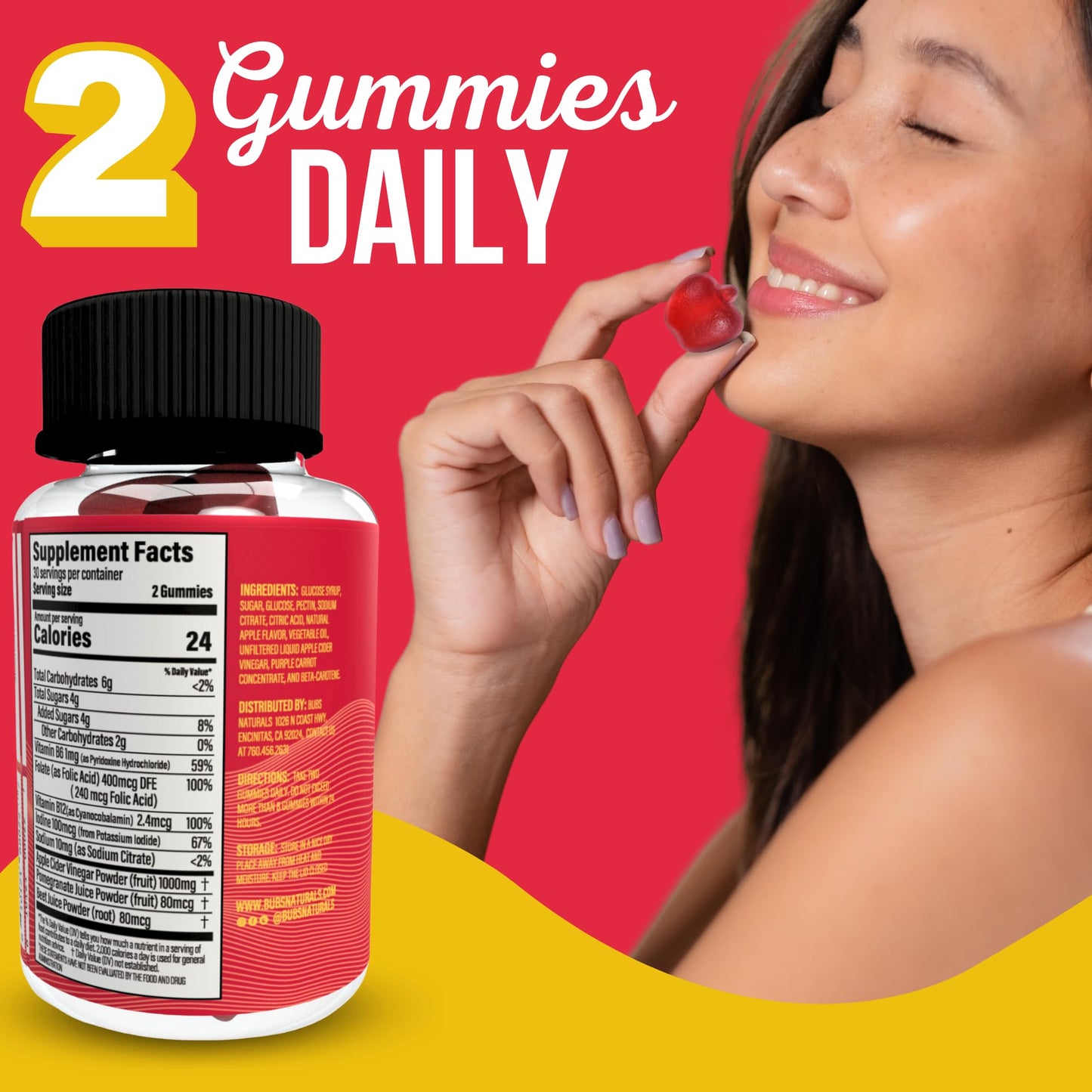 BUBS Naturals Apple Cider Vinegar Gummies with The Mother, All Natural Vegan ACV Gummy Vitamins, Supports Detox, Digestion & Energy Booster with B Vitamins, 60 Count