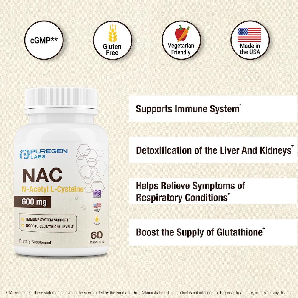 Puregen Labs N-Acetyl-L-Cysteine (NAC) 600mg, Supports Immune, Respiratory, Liver Health, NAC 600 mg, Potent antioxidant Support, Free-radicals, Easy to Absorb - 60 Vegetarian Capsules