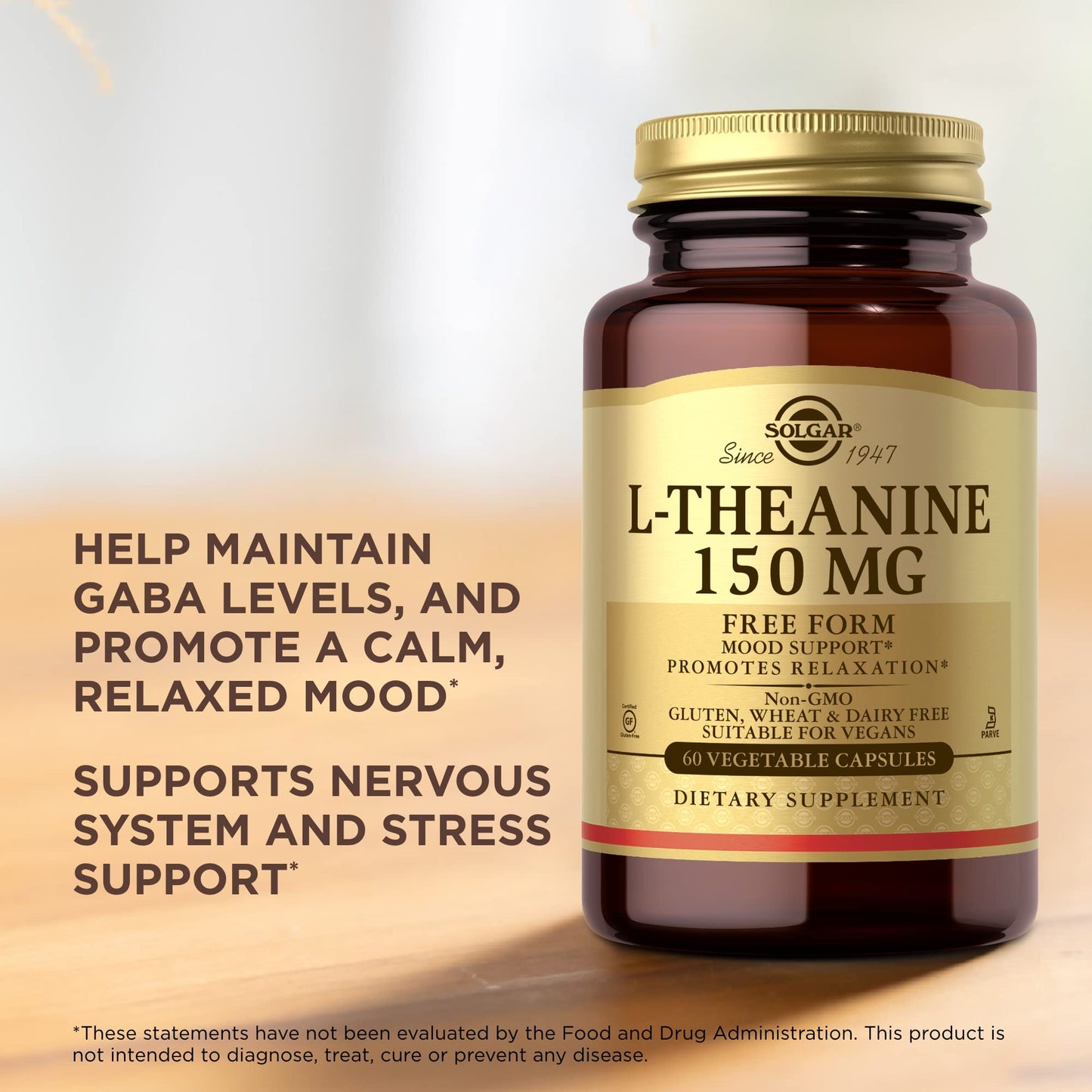Solgar L-Theanine 150 mg - 60 Vegetable Capsules - Promotes Relaxation - Non-GMO, Vegan, Kosher & Gluten Free - 60 Servings