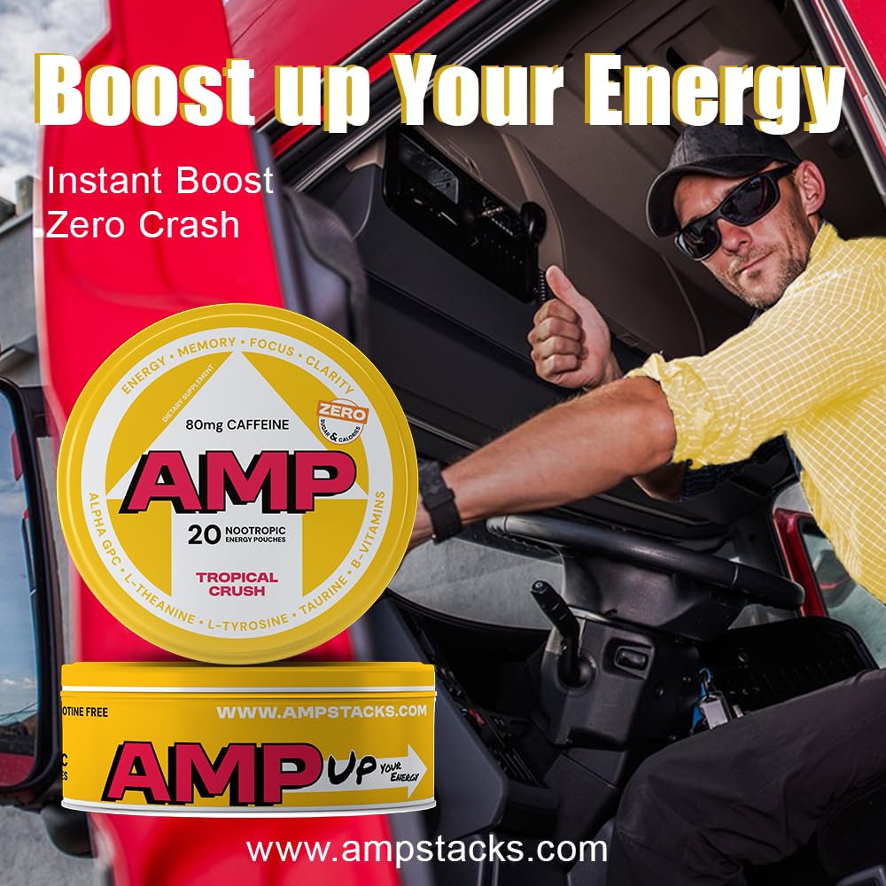 Energy Pouches Tropical Crush 20 Pouches per Can 5 Packs - 80mg Caffeine & Nootropic Blend - Zero Sugar, Nicotine-Free - Enhances Focus, Memory & Performance