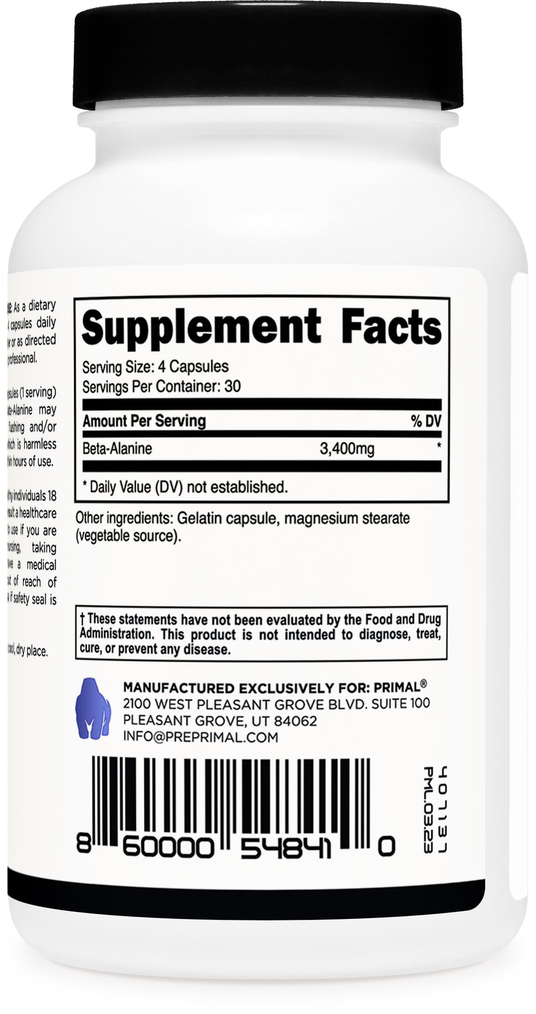 Primal Beta-Alanine Capsules 3400mg (30 Servings, 120 Capsules) - Supplement, Gluten-Free & Non-GMO, 850mg Per Cap