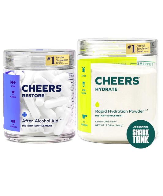 Cheers Classic Combo | Restore + Hydrate | Rehydrate & Feel Better After Drinking | DHM, L-Cysteine, B-Vitamins, Electrolytes | 12 Doses Each | Liver Support | Electrolyte Supplements