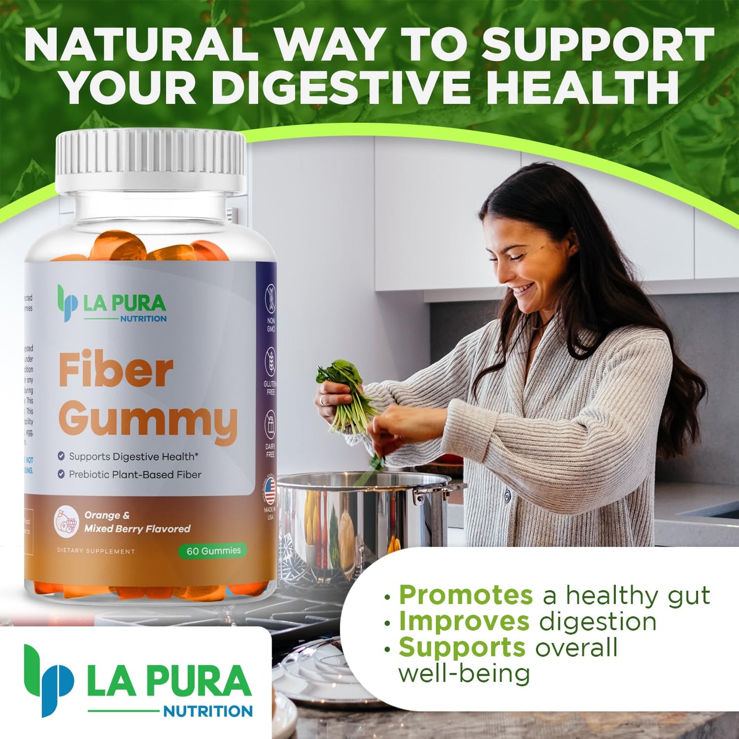 LaPura Prebiotic Chicory Root Fiber Gummy 5g, 60 Gummies - Supports Digestive Health, Prebiotic Plant-Based Fiber Blend - Orange & Mixed Berry Flavor - Non-GMO, Gluten-Free, Made in USA