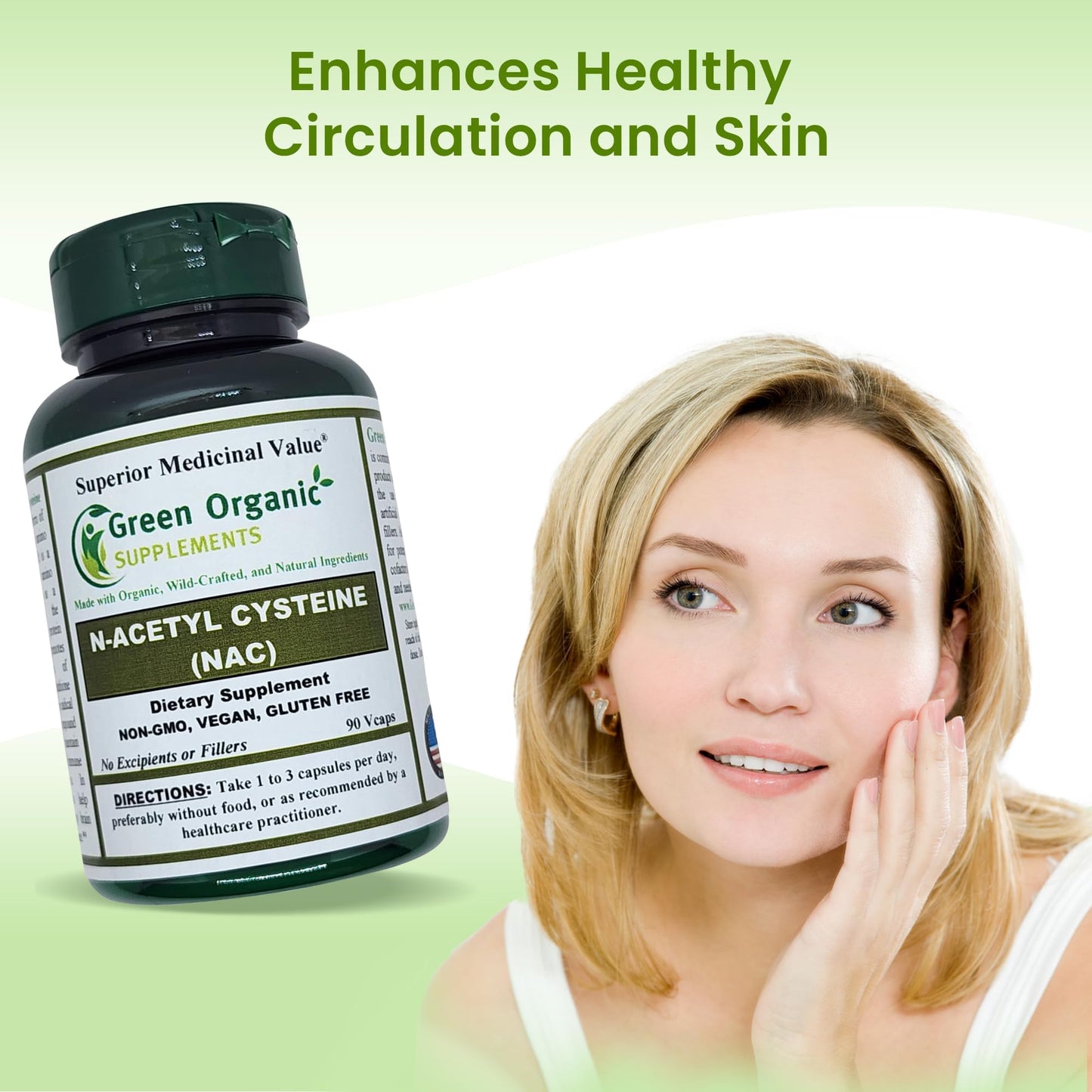 Green Organic Supplements' N-Acetyl Cysteine (NAC), 90 VCaps, High Absorbable, Non-GMO, Gluten-Free | Balance Immune System and Supports Health (Pack of 1)