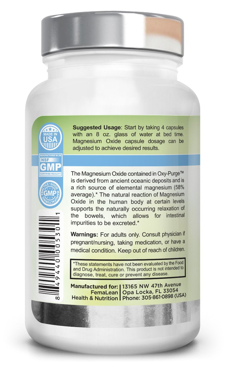 Femalean Oxy-Purge 750 mg 60 Vcaps - Natural Magnesium Oxide Oxygen Based Colon Cleanse Gentle Laxative Supports Healthy Digestive Tract Regularity
