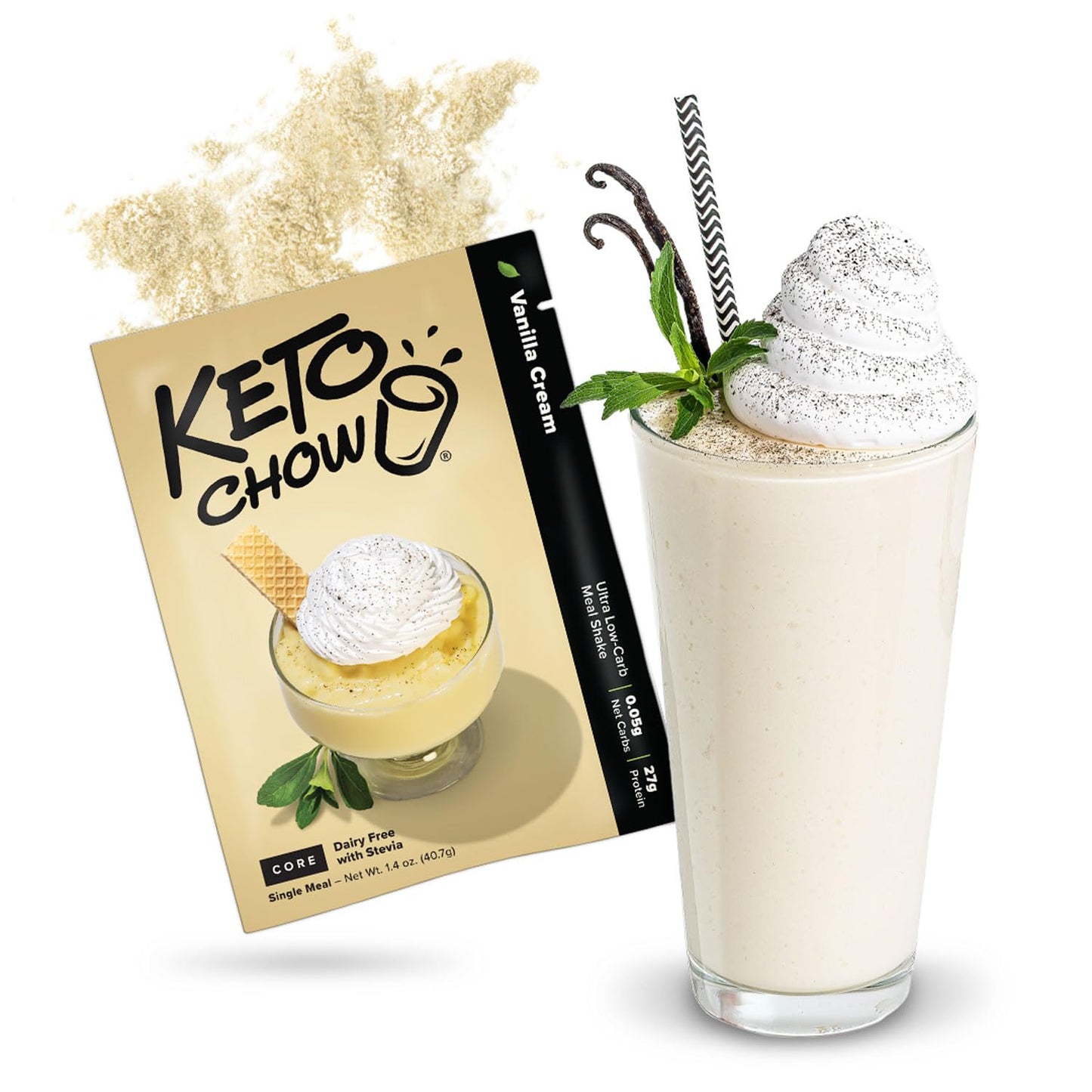 Keto Chow Vanilla Cream Core wStevia  Keto Meal Replacement Shake Powder  Nutritionally Complete  Low Carb  Delicious Easy Meal Substitute  Protein Rich  Dairy Free  Single Meal Serving