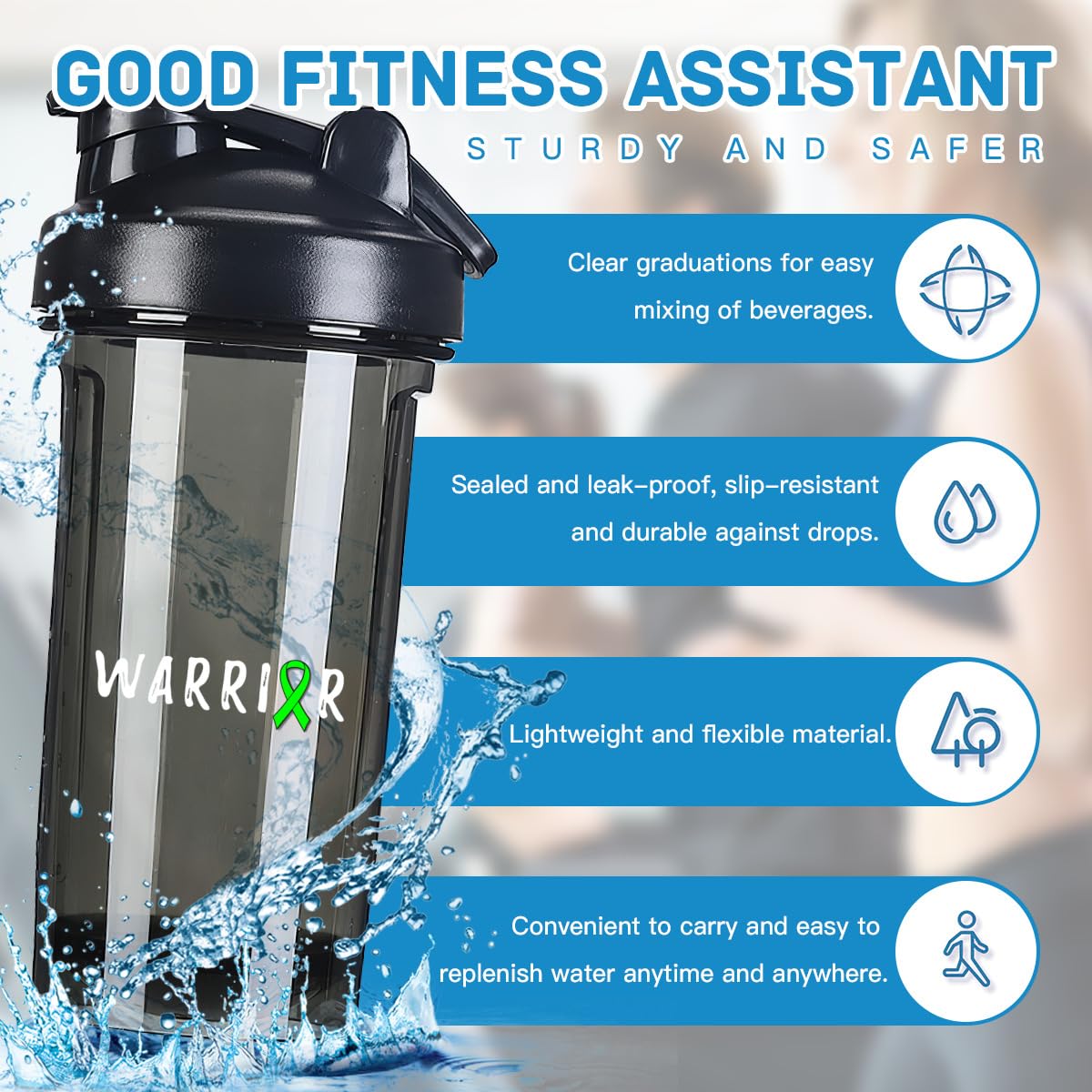 Warrior Mental Health Awareness 18 Ounce Shaker Bottle Drink Mixer Leak-proof Pre Workout Protein Shakes Meal Replacement Shakes Bottles 500ML/18 Oz Black