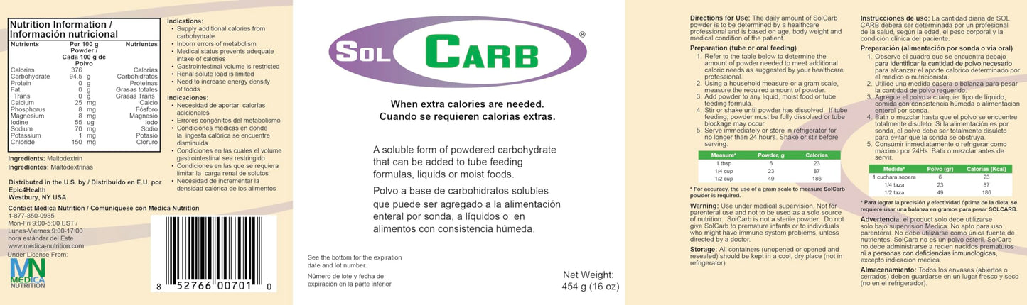 SolCarb Unflavored Carbohydrate Powder Supplement 454g Can 6-pack | Easily Mixes into Liquids and Foods, Lactose-Free, Gluten-Free by Medica Nutrition