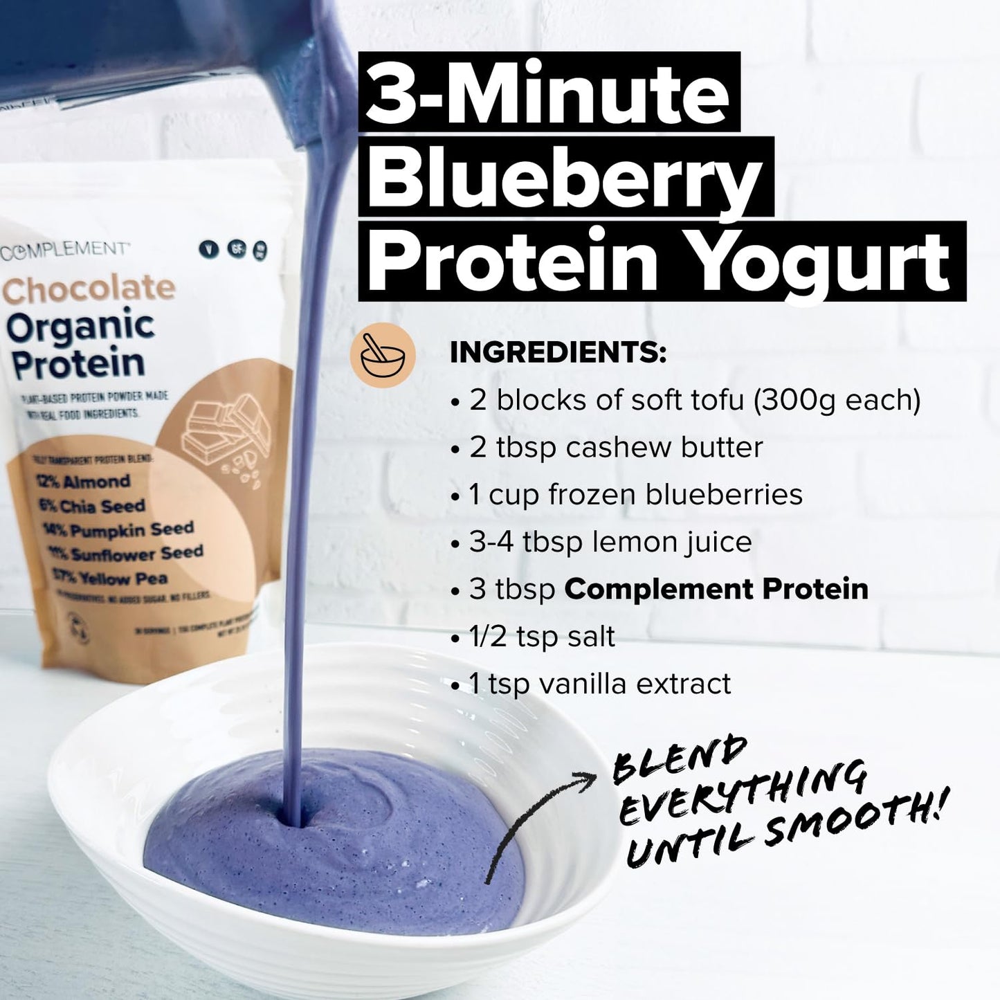 Complement Organic Chocolate Vegan Protein Powder (30 Servings) Low Carb, Low Calorie, Sugar Free, Soy Free, Non-GMO, Non Dairy - Yellow Pea, Pumpkin Seed - 15g Plant Based Protein Powder