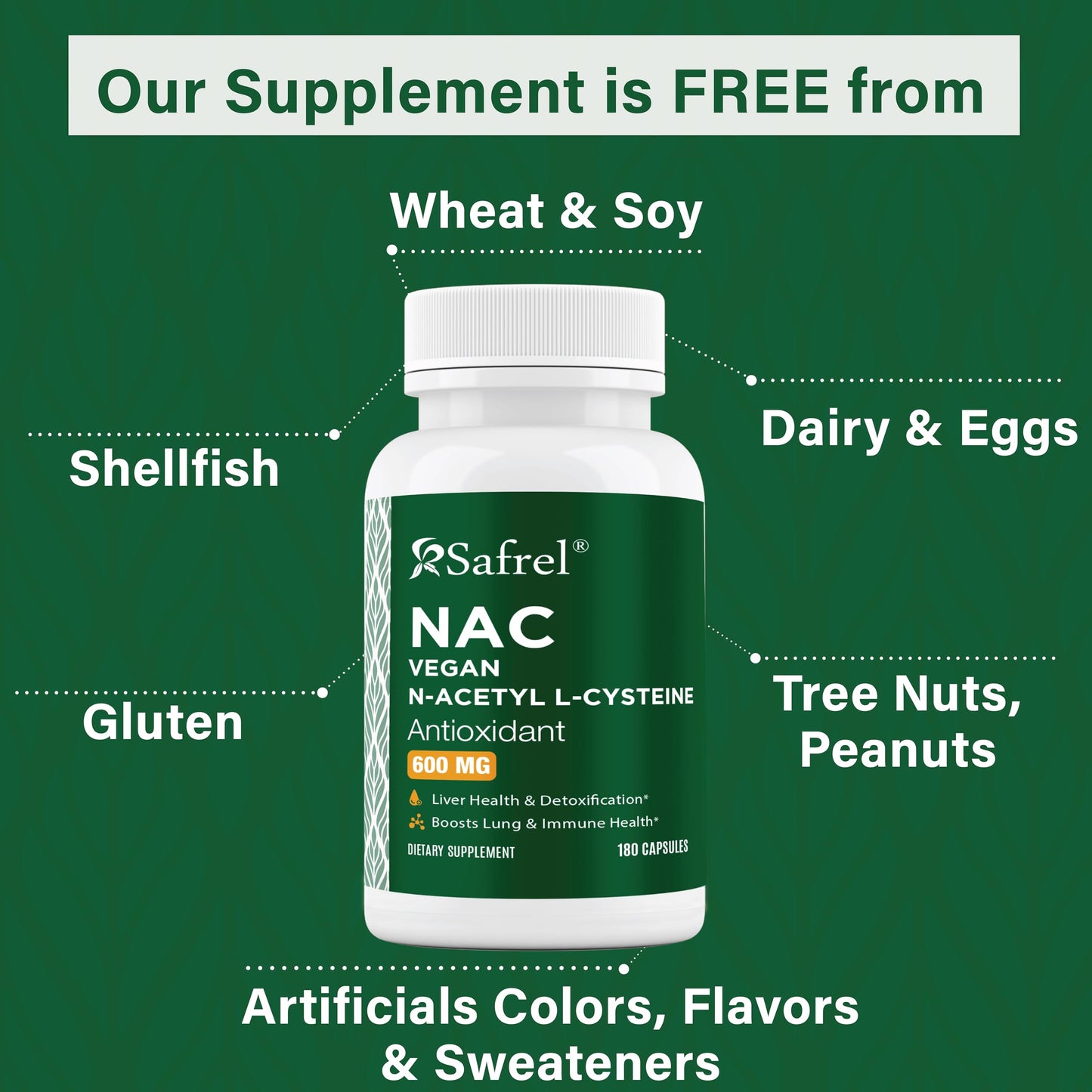 Safrel N-Acetyl-L-Cysteine (NAC) Capsules, 600mg, 180 Count, Respiratory, Immune, Liver Health Potent antioxidant Support, Free-radicals, Easy to Absorb, Non-GMO, Gluten Free