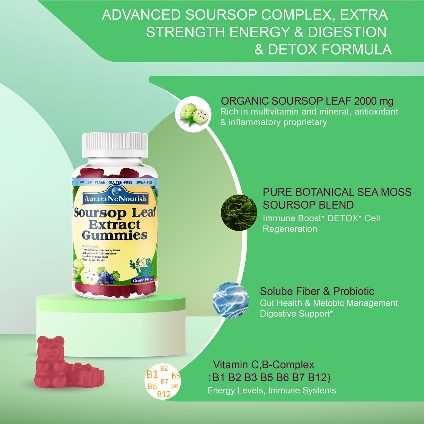 (2 Pack) Sugar Free Soursop Gummies with Probiotics & Fiber 100 Billion CFUs, Organic Soursop Leave Extract with Vitamin C B-Complex for Digestive Gut Health, Energy Balance, Immune Boost