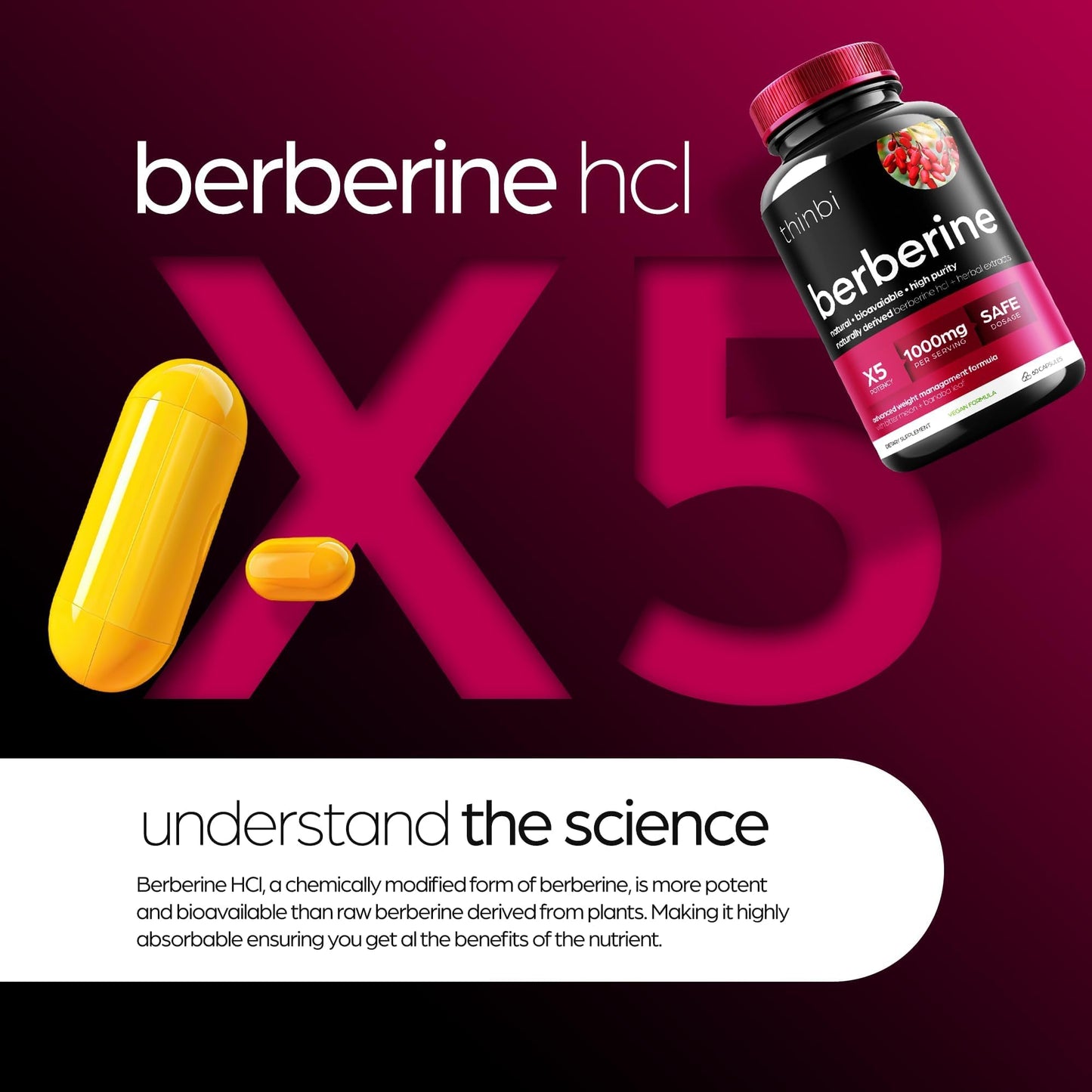 Berberine Supplement 1000mg Potent Botanical Capsules for Weight Management with Bitter Melon and Banaba Leaf - HCl from Barberry Extract- 30 Servings