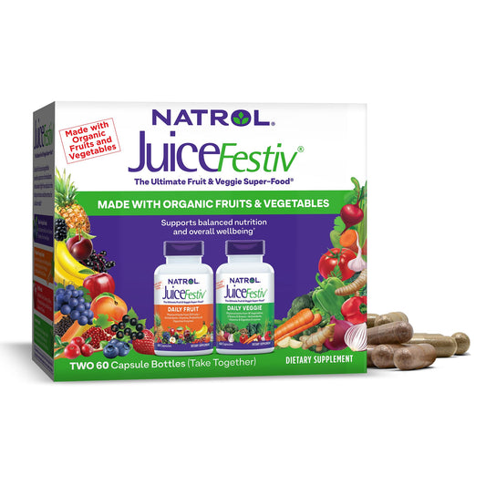 Natrol JuiceFestiv, The Ultimate Fruit and Veggie Super-Food to Support Balanced Nutrition and Overall Well-Being, Plus Antioxidants for Cellular Health, 60 Capsules (2-Count), Up to a 30 Day Supply