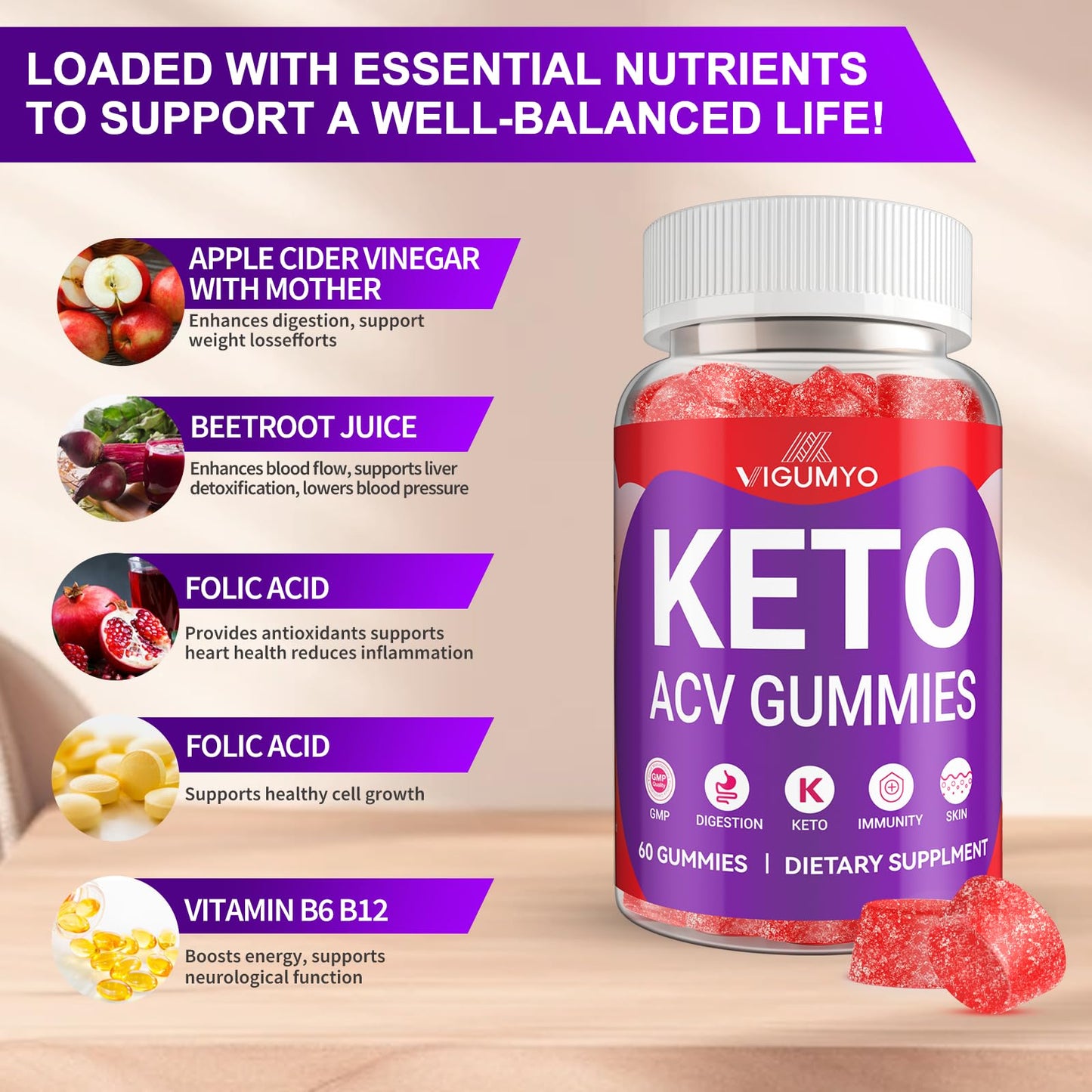 Keto ACV Gummies for Adults Advanced Formula with B12 Pomegranate Beet Juice 180 ct