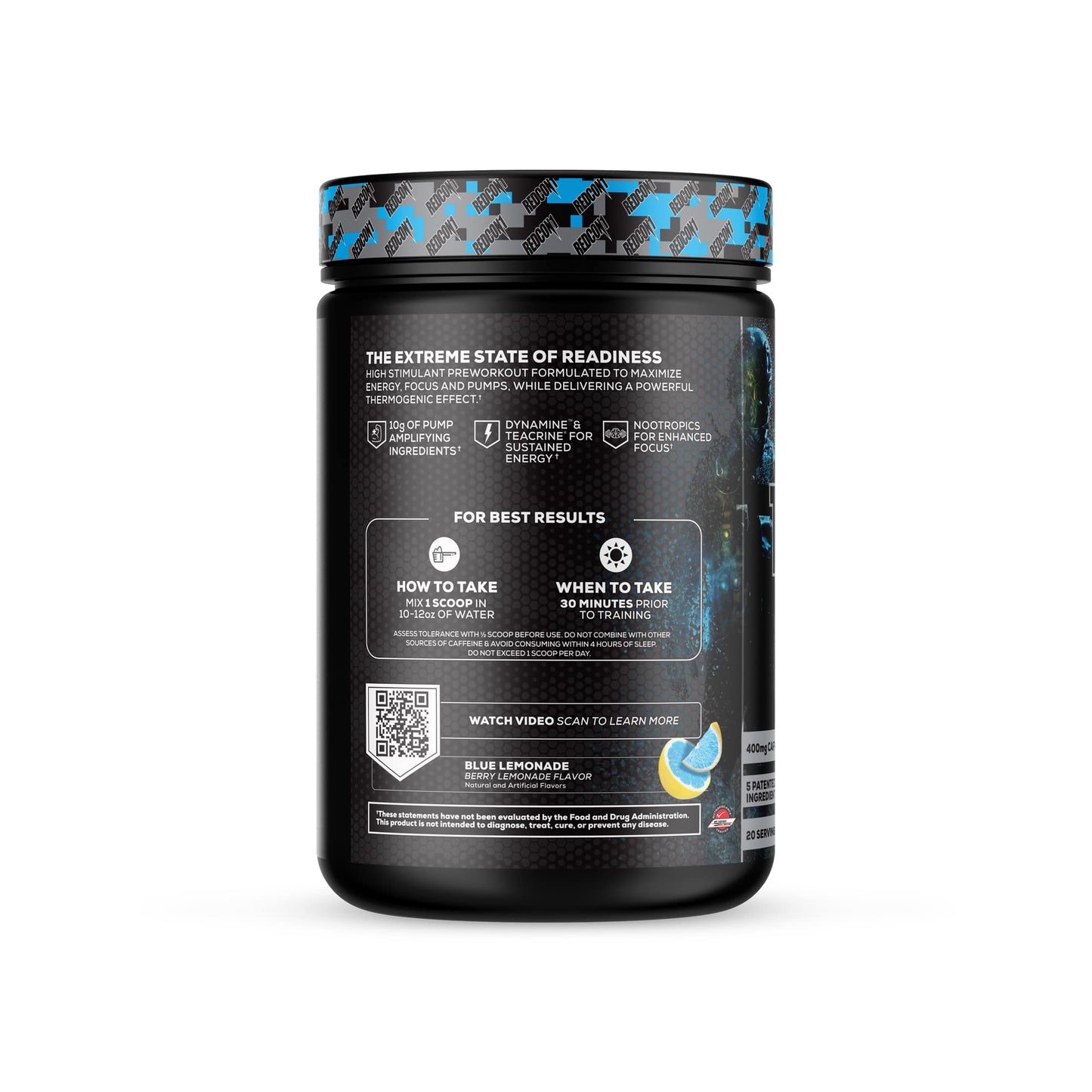 REDCON1 Total War Black Ops Extreme Preworkout Powder, Blue Lemonade, High Stimulant, 400 mg Caffeine, NO3-T Nitrates + L-Citrulline, Increase Blood Flow, Muscle Pumps (20 Servings)