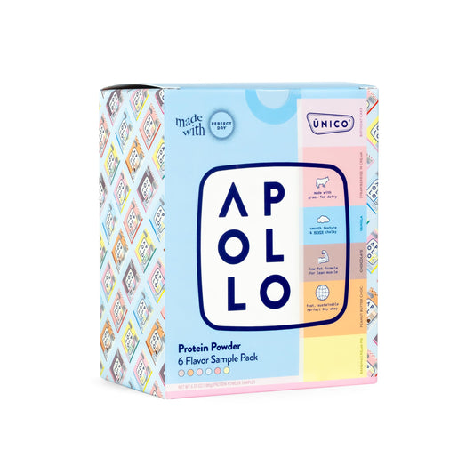 Unico Apollo Protein Powder Samples Variety Pack | Try 6 Flavors in 1 | Convenient Single-Serving Pouches | Non-Chalky Texture | 100% Grass-Fed Whey, Casein and Egg White Protein Formula