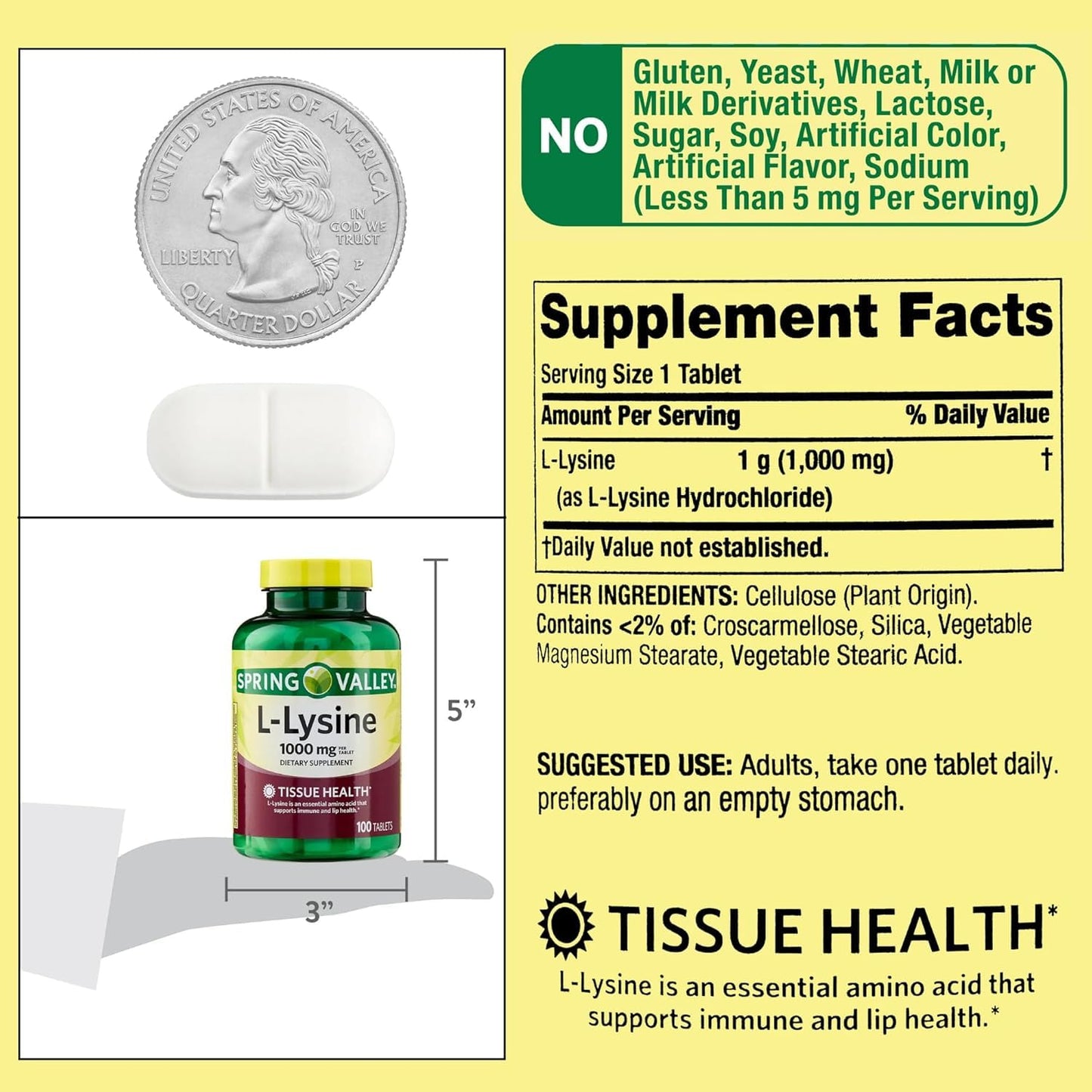 L Lysine 1000mg Tablets, 100 Count, Super Lysine Immune Support & Healthy Skin* by Spring Valley (Pack of 1)_+Sticker