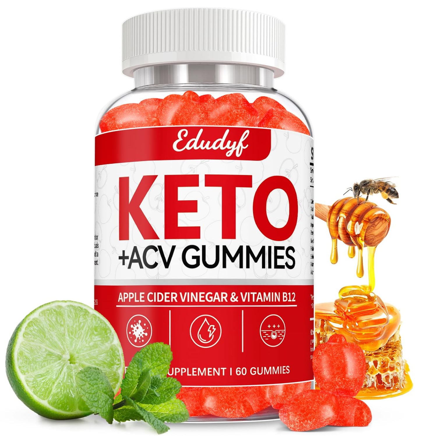 EDUDYF Keto ACV Gummies - 60 Count Gluten-Free, Gelatin-Free Apple Cider Vinegar Gummies with B12 for Keto Support, Vegetarian, Unique Flavor, Convenient Bottled Supplement for Men & Women