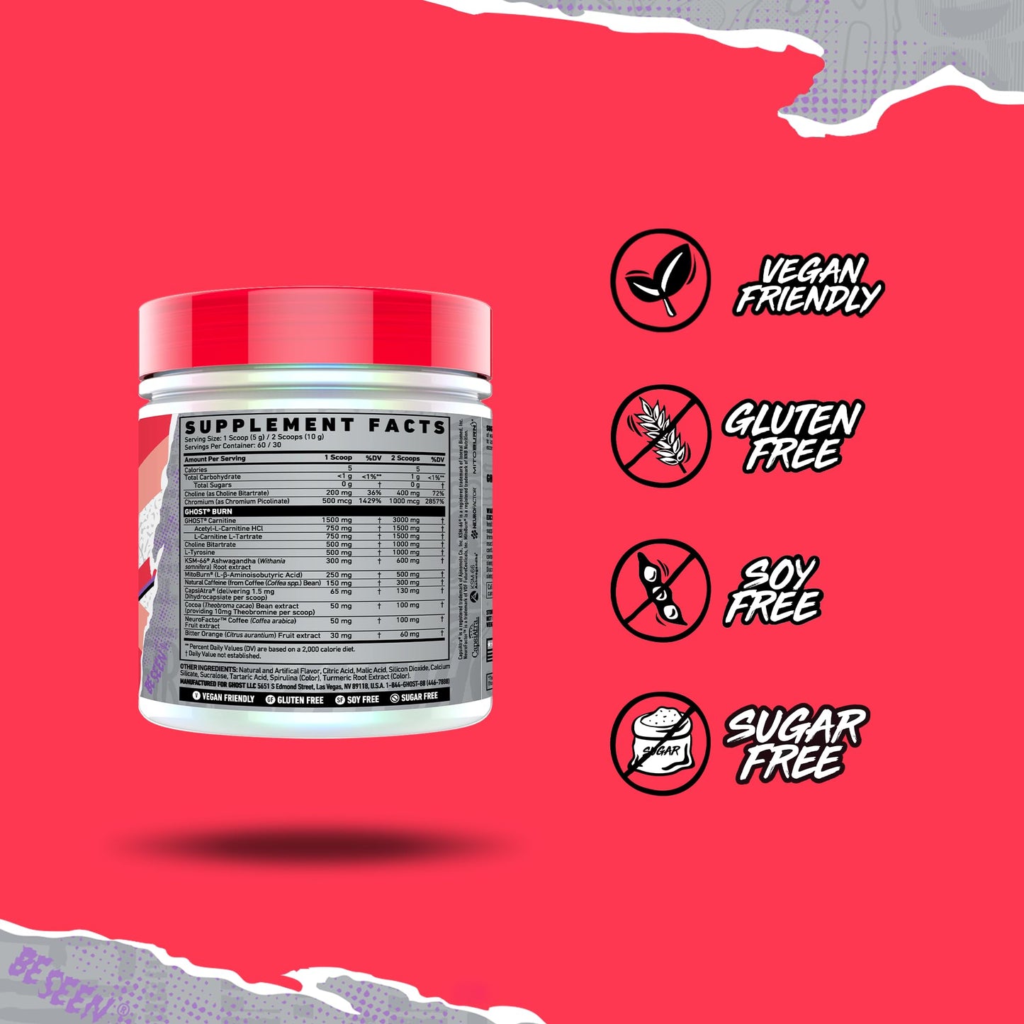 GHOST Burn Weight Management Powder, Guava Berry (60 Servings) - Metabolism & Energy Support Supplement for Men & Women - Natural Caffeine, L-Carnitine & L-Tyrosine - Gluten, Soy & Sugar-Free, Vegan