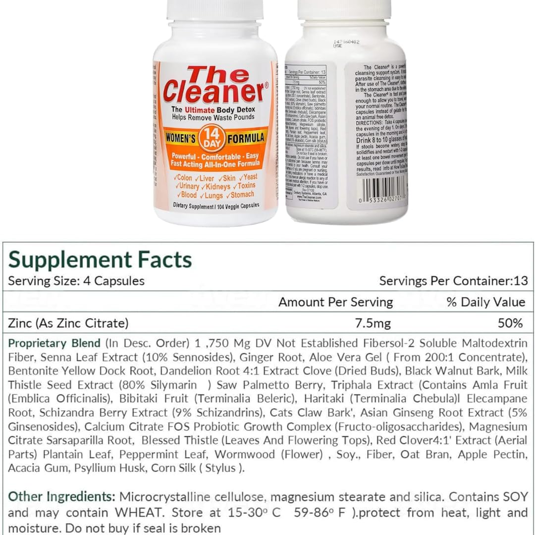 Generic CenturySystemsBrand The Cleaner Women's 14_Day Formula Supplement, 104 Capsules(2 Pack), Powerful, Comfortable, Easy and Fast Acting Formula