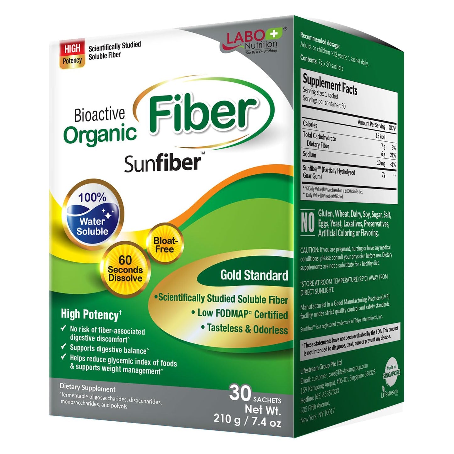 LABO Nutrition Bioactive Organic Fiber, Sunfiber Soluble Prebiotic Fiber Supplement, Support Healthy Digestive, Intestinal, Wellness with Partially Hydrolyzed Guar Gum, Low-FODMAP, Non-GMO, 30 Sachets