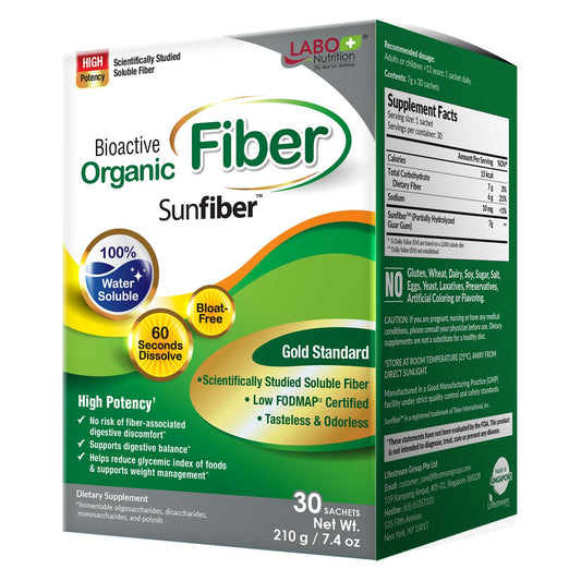 LABO Nutrition Bioactive Organic Fiber, Sunfiber Soluble Prebiotic Fiber Supplement, Support Healthy Digestive, Intestinal, Wellness with Partially Hydrolyzed Guar Gum, Low-FODMAP, Non-GMO, 30 Sachets