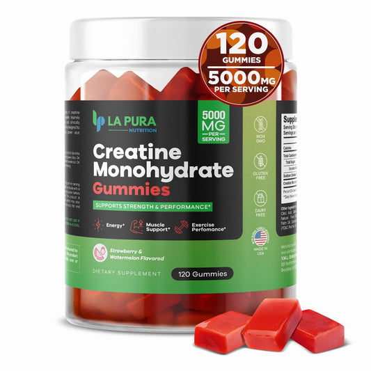 LaPura Creatine Monohydrate Gummies for Men & Women, 5000mg Pure Creatine Monohydrate per Serving - Energy, Muscle & Exercise Performance Support - 120 Gummies - Strawberry & Watermelon Flavor