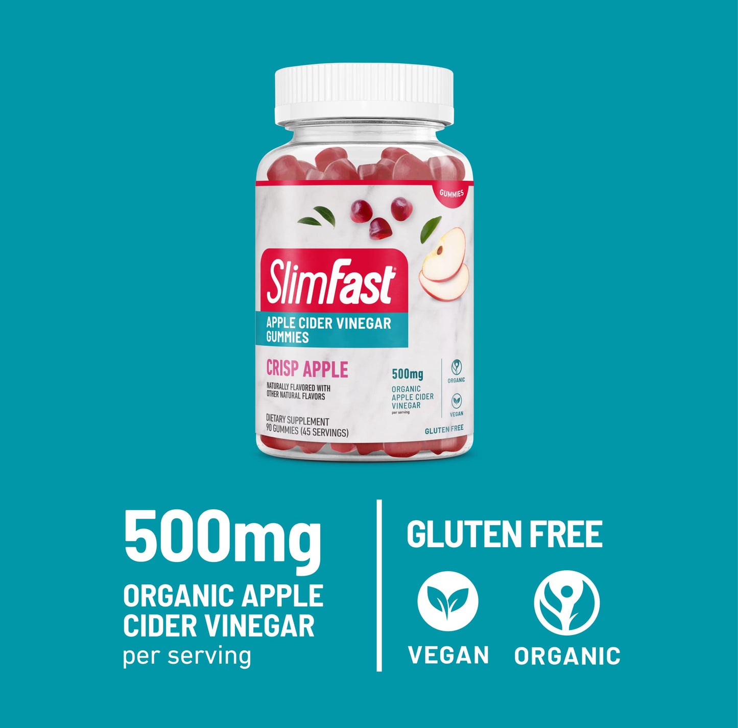 SlimFast Apple Cider Vinegar Gummies, Dietary Supplement with 500mg Organic Apple Cider Vinegar per Serving, Crisp Apple Flavor, 45 Servings (Packaging May Vary)
