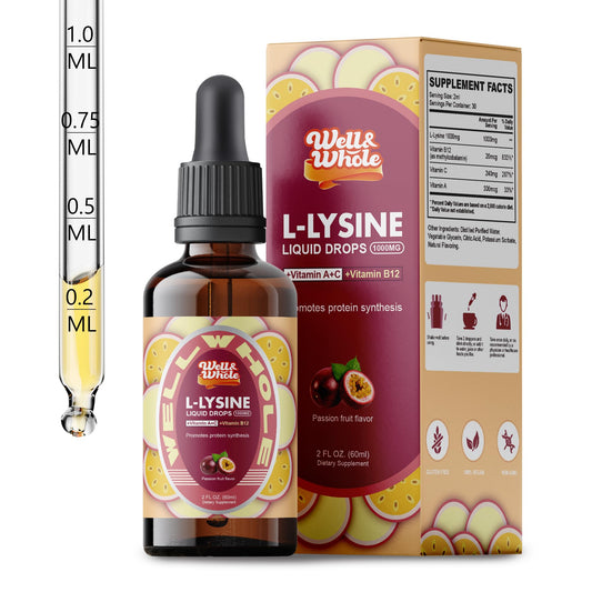 L-Lysine Supplement Liquid Drops | L-Lysine 1000mg Tincture with Vitamin A, C, and B12 for Adults & Kids | Immune Support, Skin & Lips Health, Collagen Synthesis | Non-GMO, Vegan, 2 Fl Oz (60 ML)