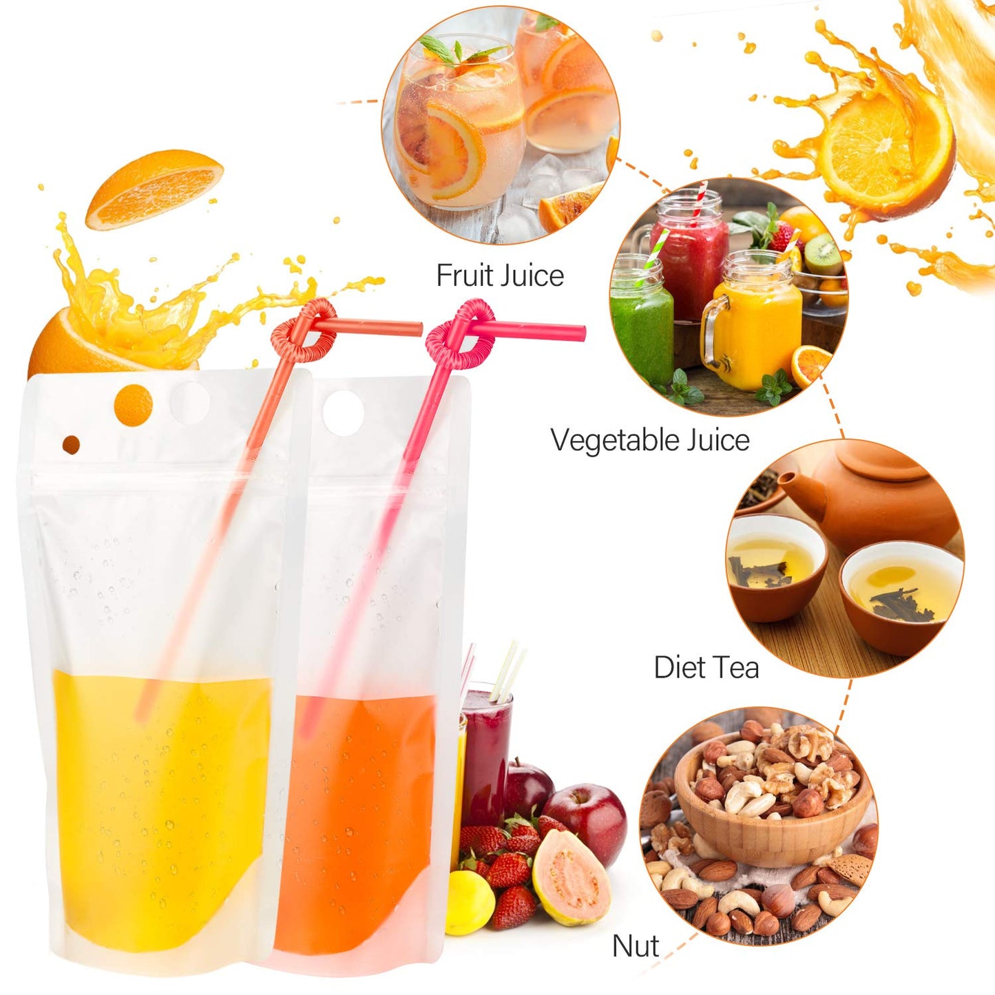 100PCs Drink Pouches with 100PCS Individual Wrapped Straws Yamgqus Freezable Juice Pouches DIY Reclosable Zipper Drink Bags for Adults and Kids Silicone Funnel Included  17oz 100 Pack