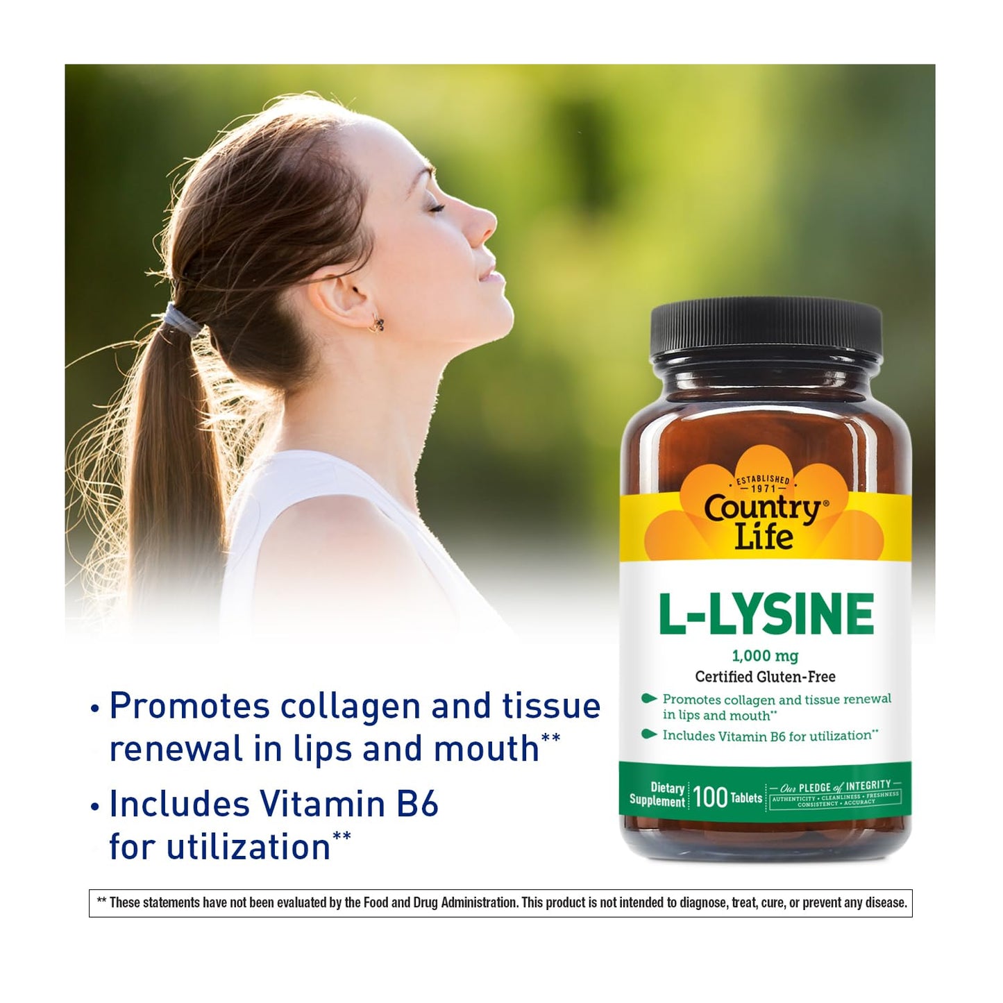 Country Life L-Lysine 1000mg with Vitamin B6-100 Tablets - Promotes Collagen and Tissue Renewal - Aids Utilization - Gluten-Free…