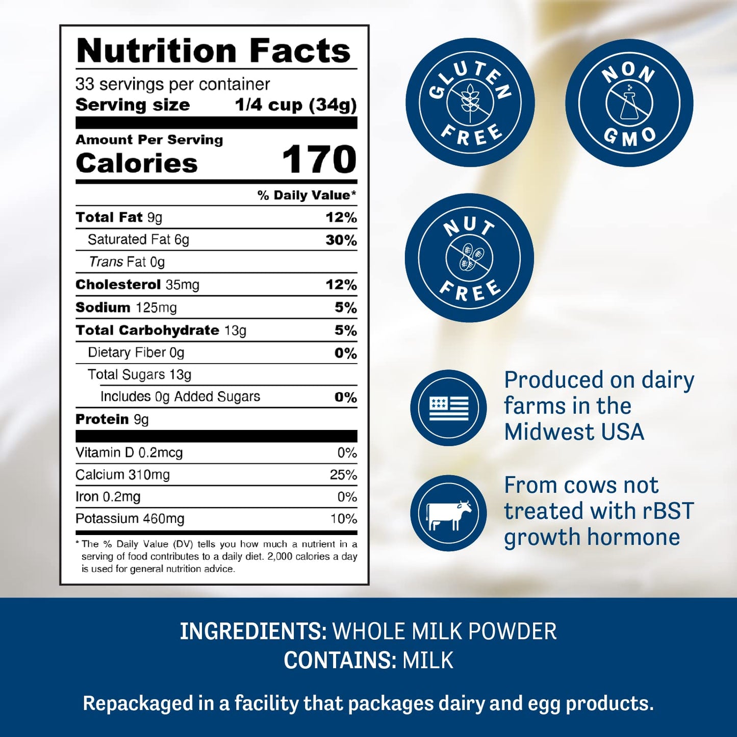 Judees Whole Milk Powder  NonGMO HormoneFree Gluten  NutFree  Shelf Stable Travel Ready  Made in USA 25 lb