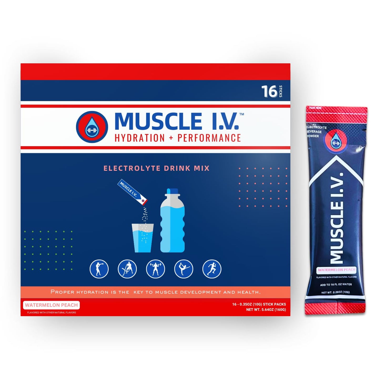 Muscle I.V. Hydration Electrolyte Drink Mix - Watermelon Peach - 16 Easy Open Single Serve Powder Sticks | Caffeine Free | Gluten Free | Soy Free | Non-GMO | 100% Vegan