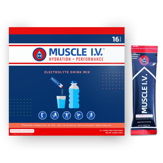 Muscle I.V. Hydration Electrolyte Drink Mix - Watermelon Peach - 16 Easy Open Single Serve Powder Sticks | Caffeine Free | Gluten Free | Soy Free | Non-GMO | 100% Vegan