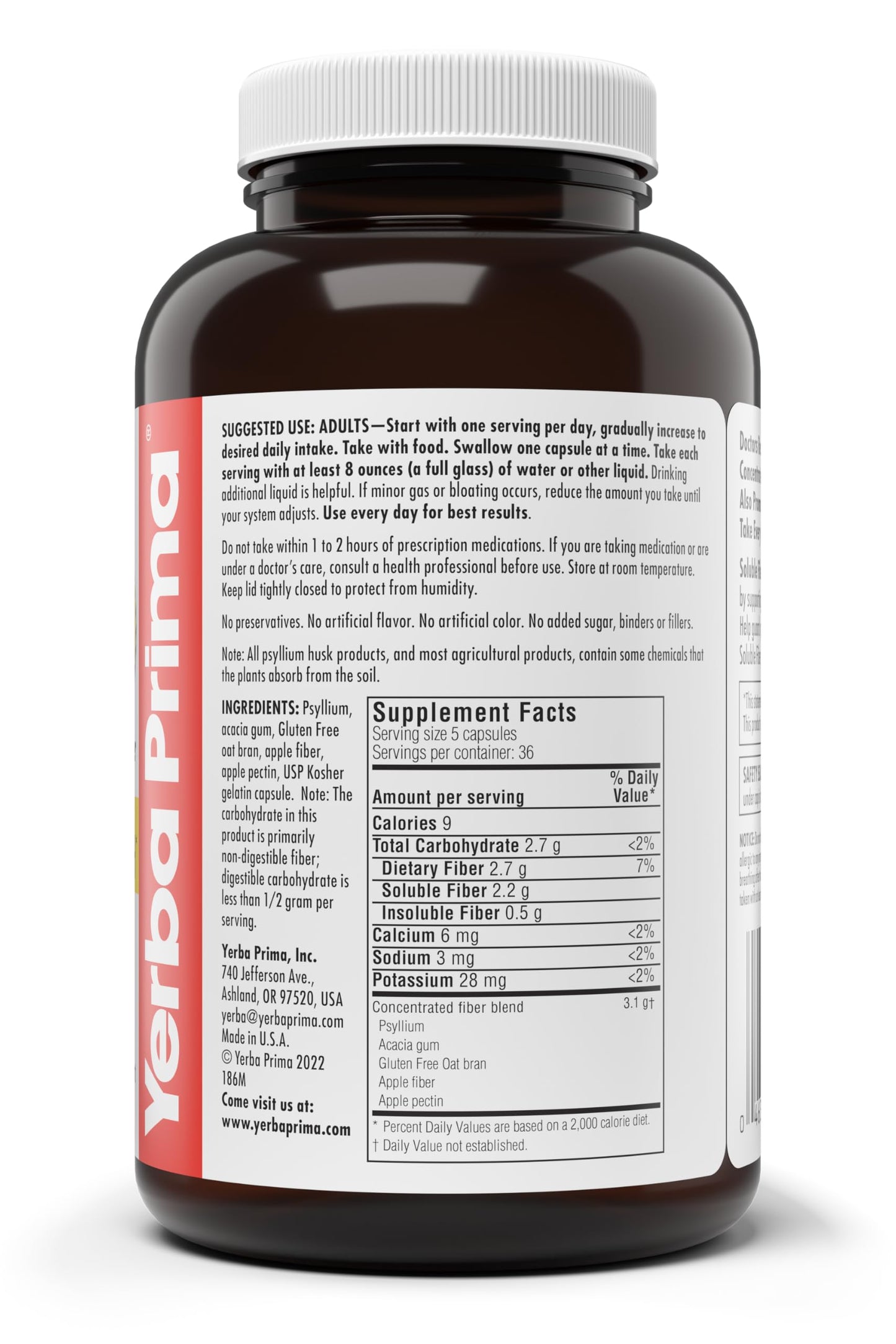 Yerba Prima Soluble Fiber Formula Capsules, 180 Count - Premium Dietary Fiber Supplement, Natural, Concentrated Soluble Fiber, Gluten Free, Non-GMO, Made in USA
