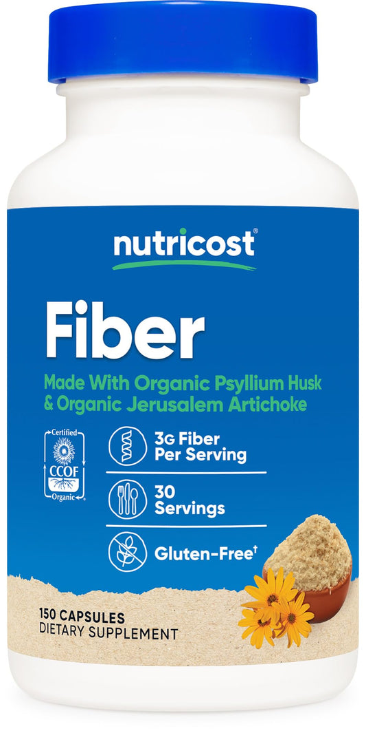 Nutricost Fiber Capsules with Prebiotic Fiber Supplement 150 Capsules - CCOF Certified Supplement, Made with Organic Psyllium Husk & Organic Jerusalem Artichoke, Gluten Free, 3 G Per Serving