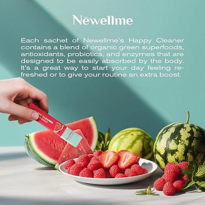 Happy Cleaner Superfood Powder – Sugar-Free Berry & Watermelon Drink Mix, Antioxidant & Digestion Support, Vegan, Non-GMO, Gluten-Free, 28 Packets