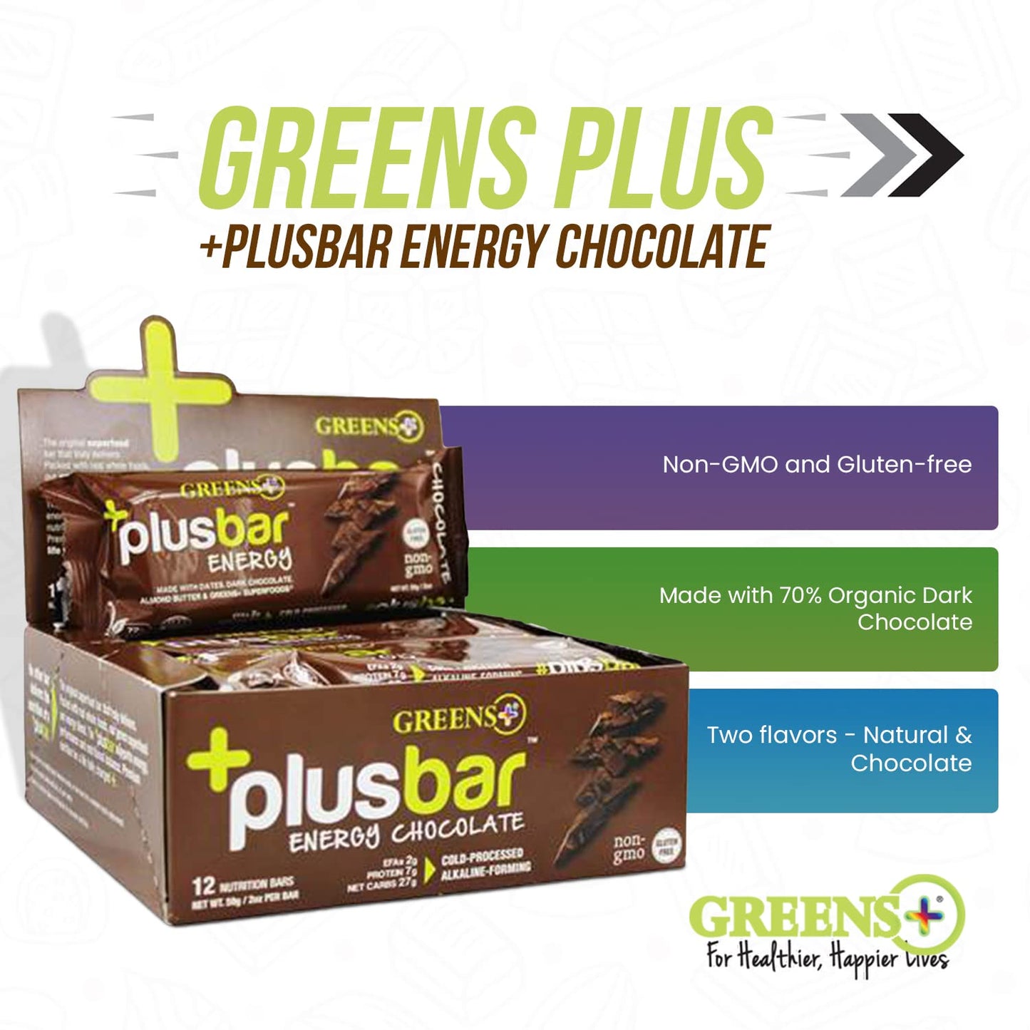 Greens Plusbar Energy Bars Chocolate Gluten Free Healthy Snacks with Organic Super Greens Superfoods  Dark Chocolate Vegan Dairy Free  Non GMO 8g Protein Meal Replacement Bars 12 Bars
