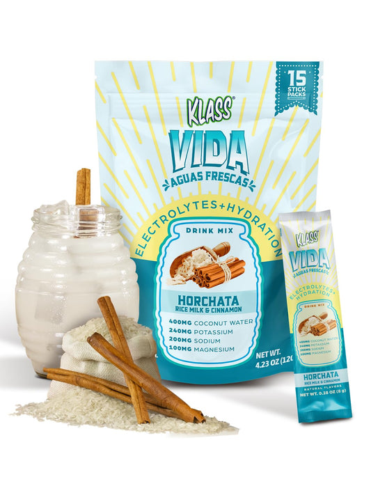 KLASS VIDA Hydration Sugar-Free Powder Packets |Electrolyte Agua Fresca Drink Mix |Horchata |15 Single Serve Sticks |Low Calorie, Natural Colors and Natural Flavors