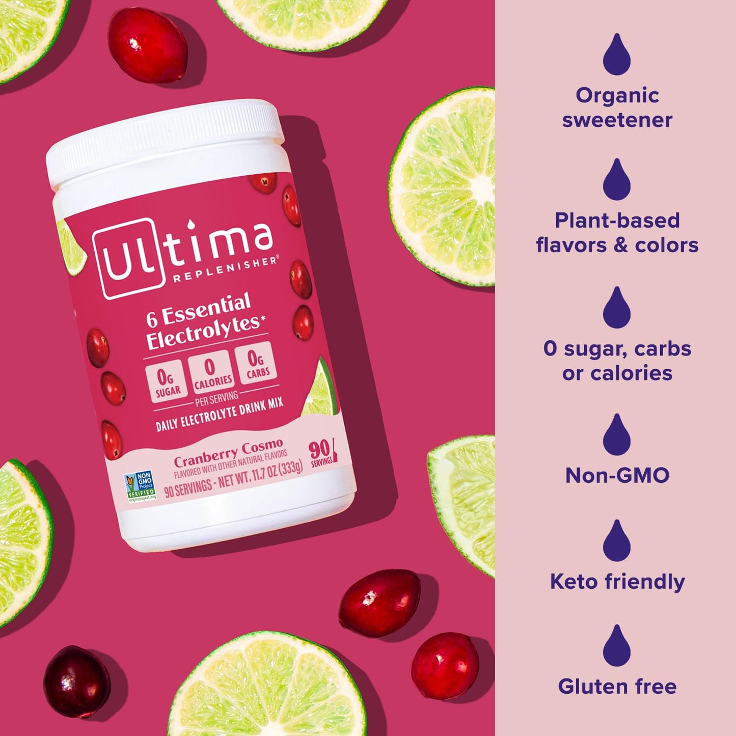 Ultima Replenisher Daily Electrolyte Powder Drink Mix - Cranberry Cosmo, 90 Servings - Hydration Powder with 6 Key Electrolytes and Trace Minerals - Keto Friendly, Non-GMO and Sugar-Free