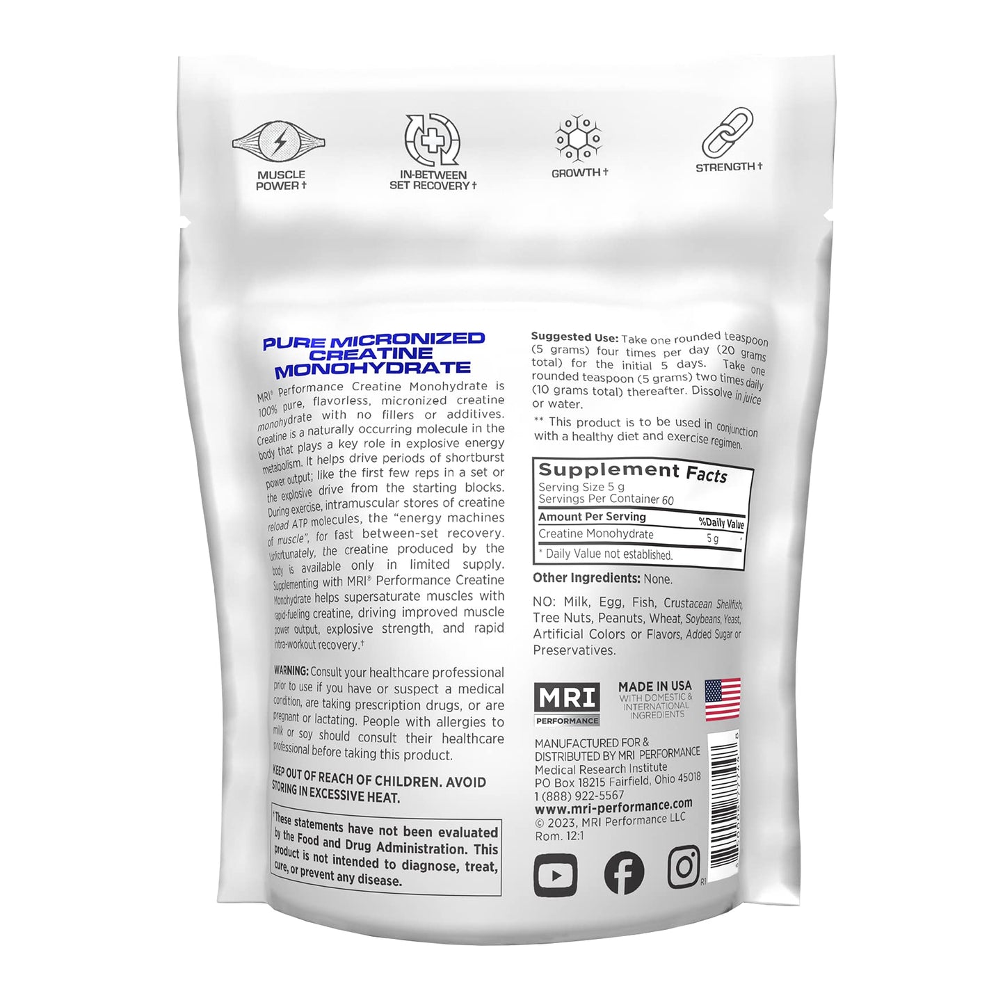 MRI Performance Creatine Monohydrate Powder 5g,100% Pure Micronized Creatine Supplement, Muscle Growth & Recovery, Build Muscle, Increase Strength, Performance, Endurance, 300g, 60 Serv, Unflavored