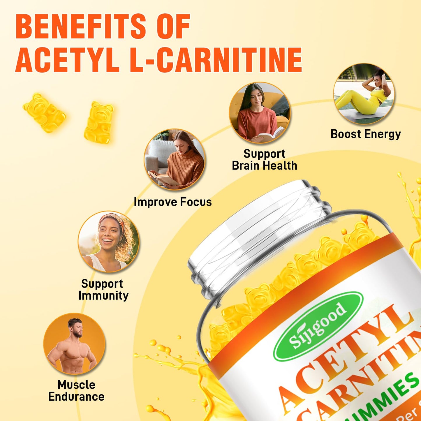 Sijigood 2 Pack Acetyl L-Carnitine Gummies for Men & Women - Daily Energy Support with Immune Support Gummies, Mango Flavor, 120 Count