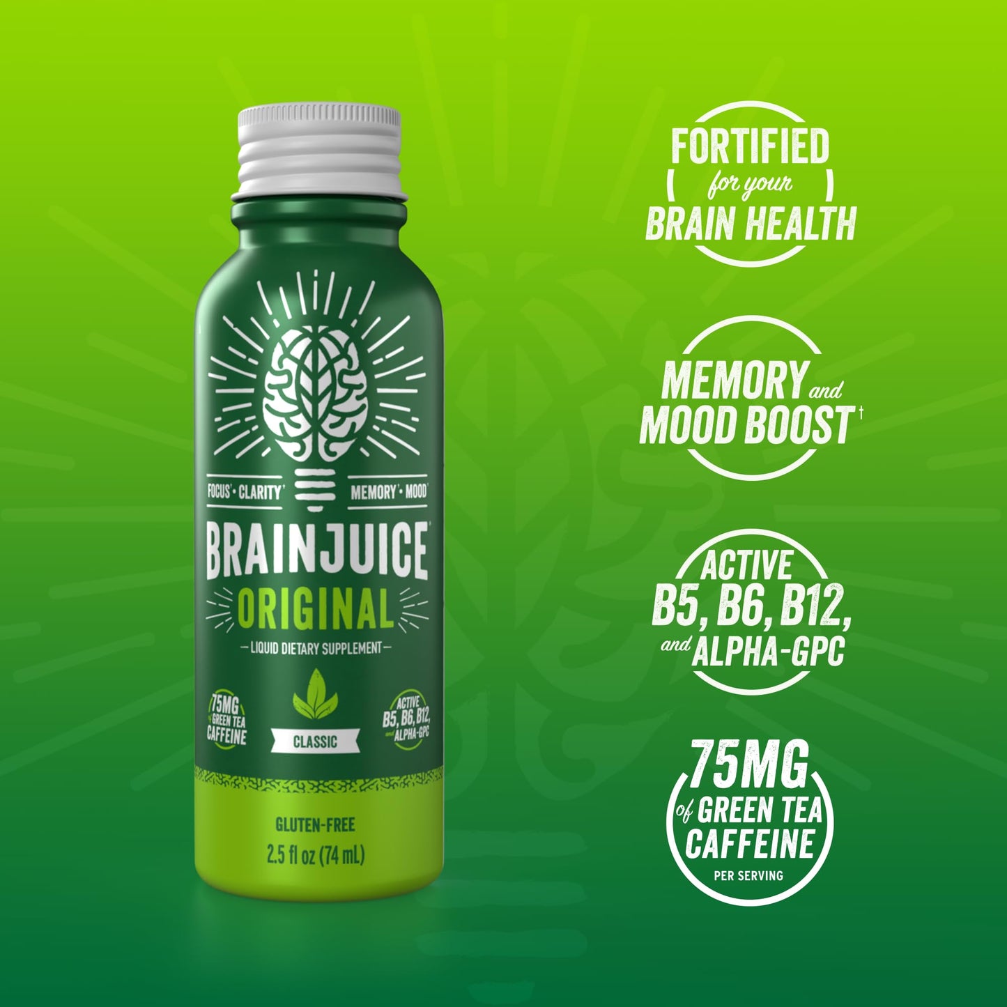 BrainJuice Brain Support Shot, Gluten Free Supplement Shots for Energy & Focus, Healthy Drinks with Alpha GPC, Vitamin B & Organic Green Tea Extract Caffeine, Classic, 2.5 fl oz, 12 Pack