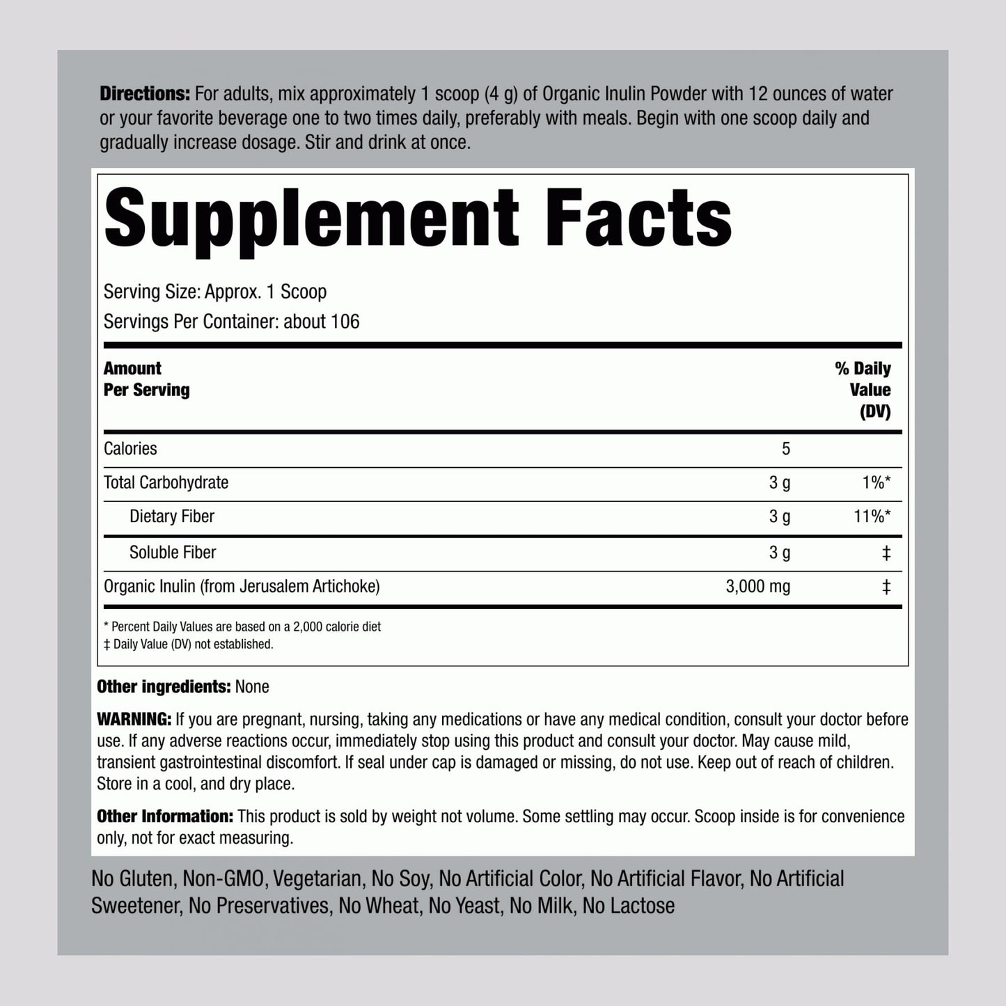 Piping Rock Organic Inulin Powder | 15 oz | Soluble Fiber Supplement | FOS Powder | Vegetarian, Non-GMO, Gluten Free