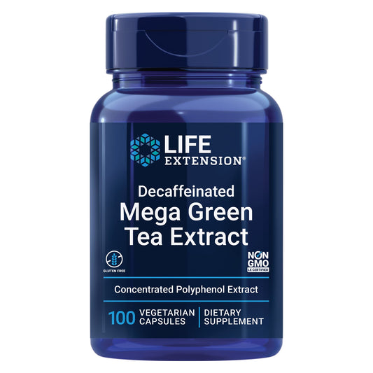 Life Extension Decaffeinated Mega Green Tea Extract - Polyphenol-Rich, Cell Health, Heart Health, Brain Health, Antioxidant Protection - Non-GMO, Gluten-Free, Vegetarian - 100 Capsules